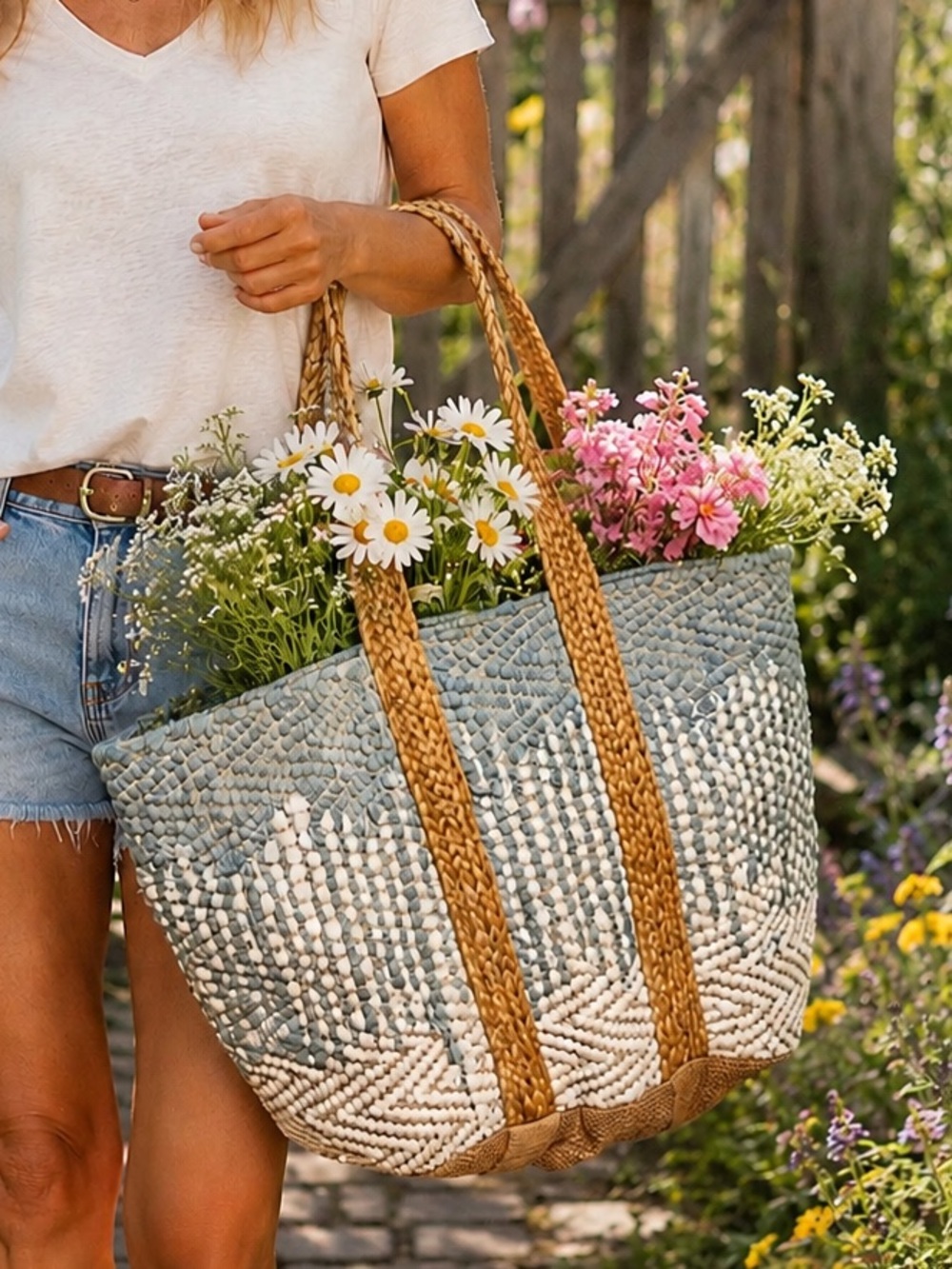 POL Woven Straw Tote Bag in Light Blue and Natural